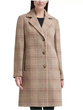 DKNY Beige and Brown Plaid Pea Coat